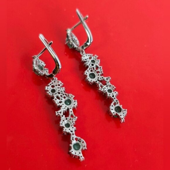 925 Sterling Silver Earrings 4.5cm with Natural Emerald 4mm & Sapphire Gemstone. - Picture 5 of 10